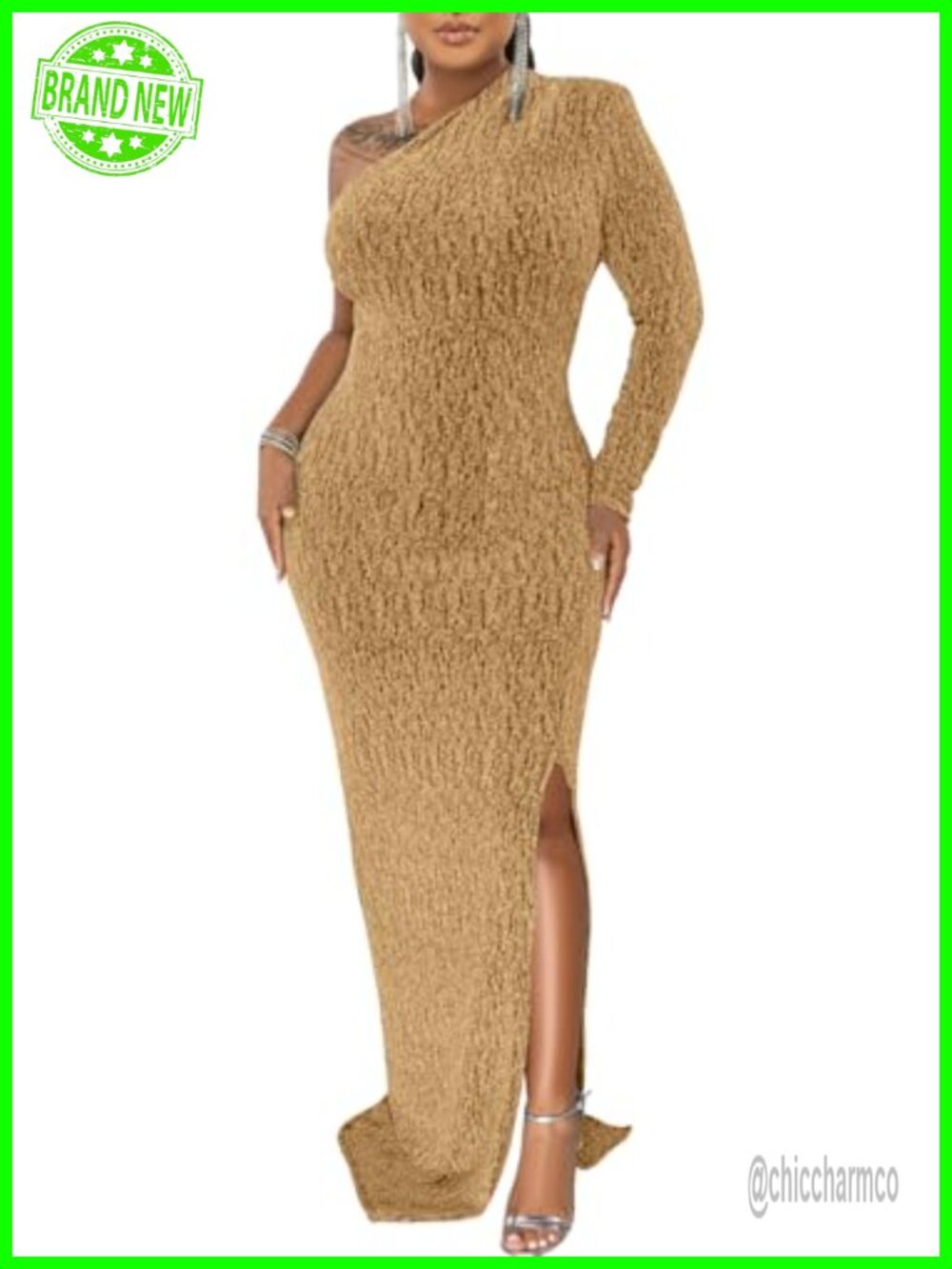 Women's One Shoulder Sequin Maxi Dress Long Sleeve High Slit Formal - Picture 2 of 5